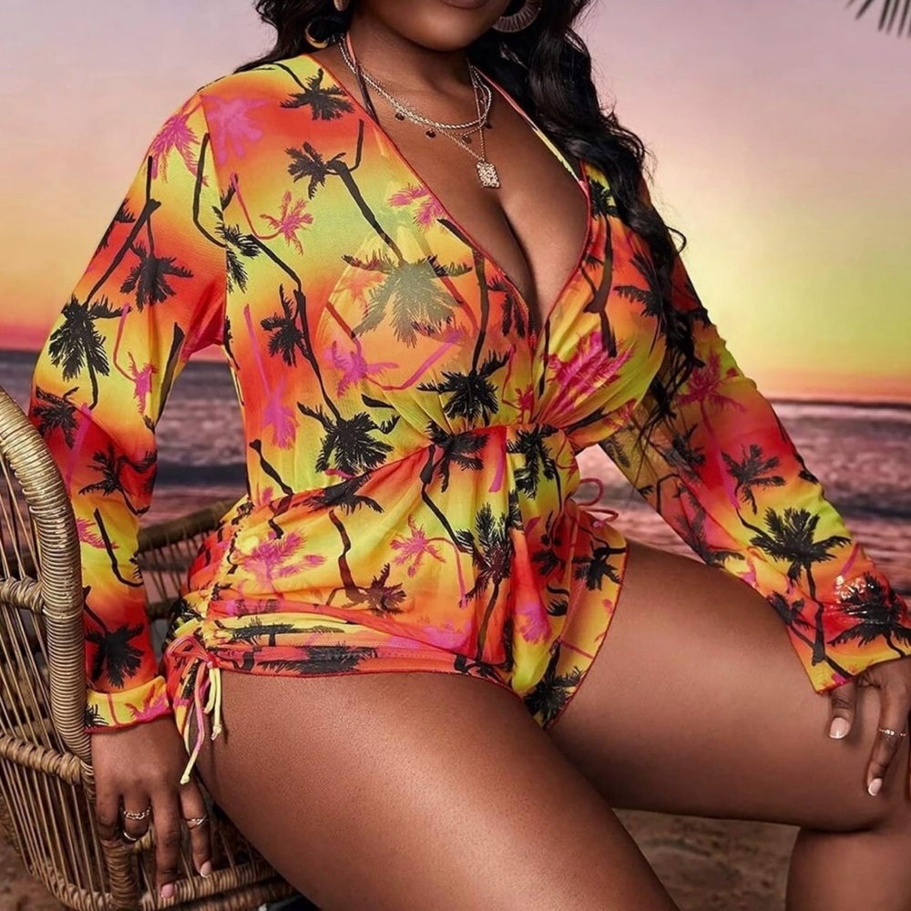 3pc Plus Size Tropical Print Halter Triangle Bikini Set with Cover Up - Picture 9 of 14